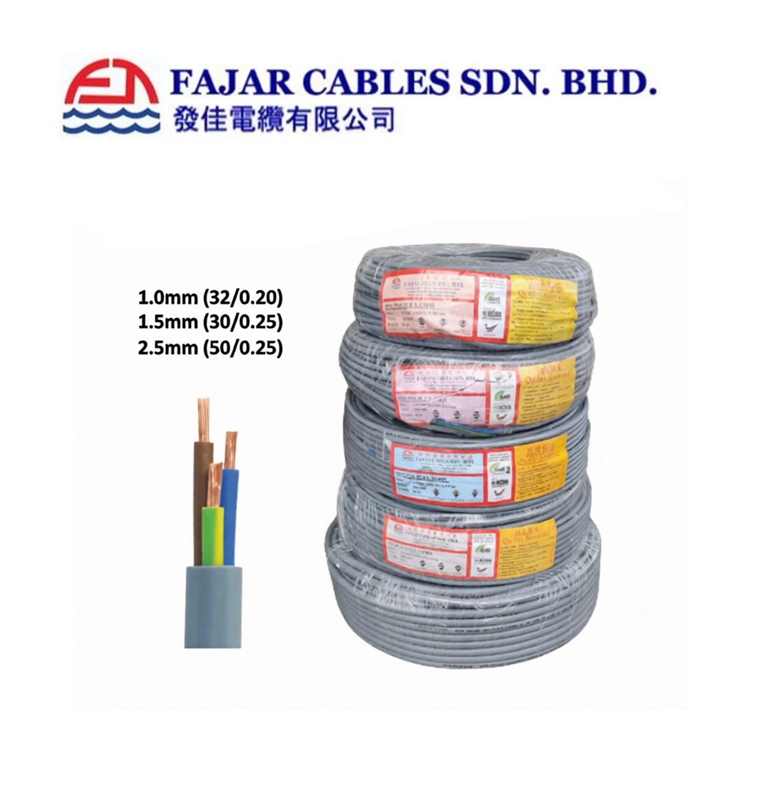 FAJAR 3 Core x 1.0mm/1.5mm/2.5mm PVC Flexible Cord Grey Cable 100% Pure Copper Per Roll (100+-meter)