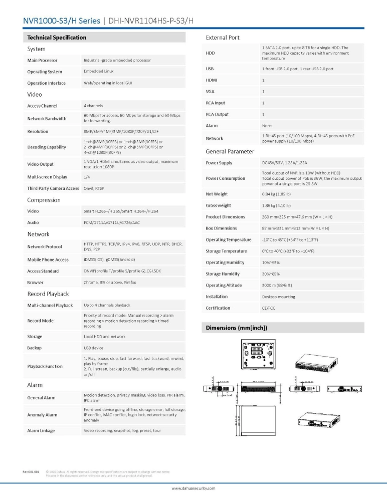 DAHUA 4 Channel NVR (DHI-NVR1104HS-P-S3/H) Compact 1U 4PoE Lite H.265 Network Video Recorder