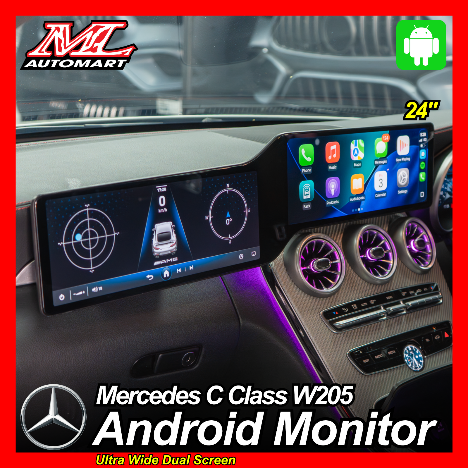 Mercedes Benz C Class W205 Ultra Wide Dual Screen Android Monitor (24")