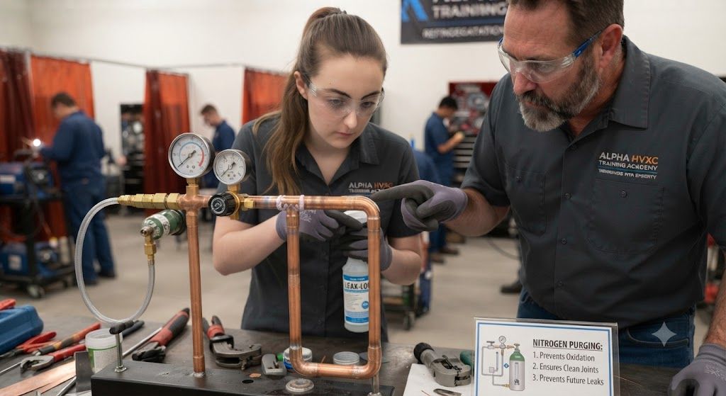 HVAC brazing nitrogen purging leak prevention