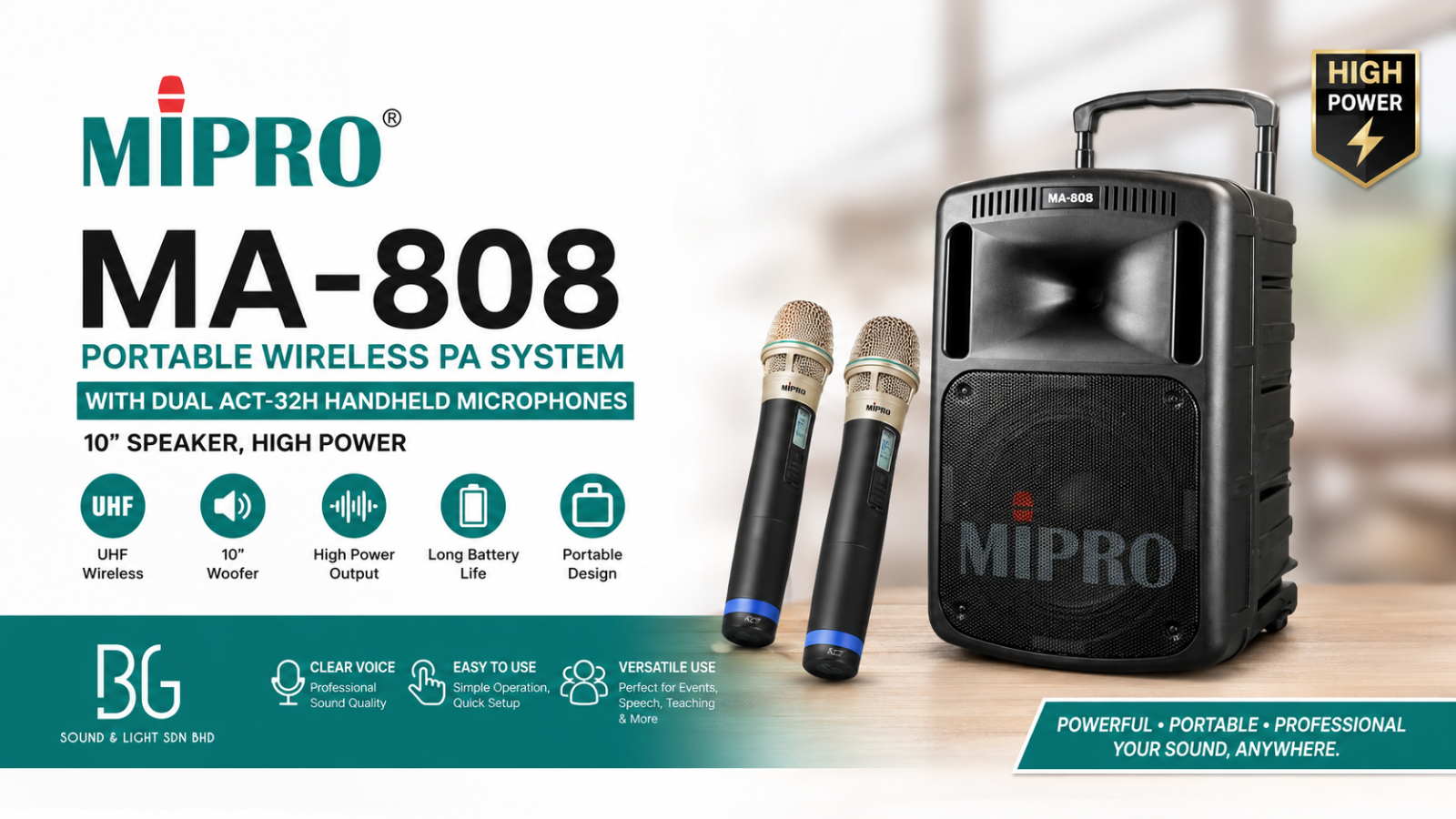 MIPRO MA-808 Sistem PA Mudah Alih Wireless dengan 2 Mikrofon Handheld ACT-32H – Speaker 10” Berkuasa Tinggi