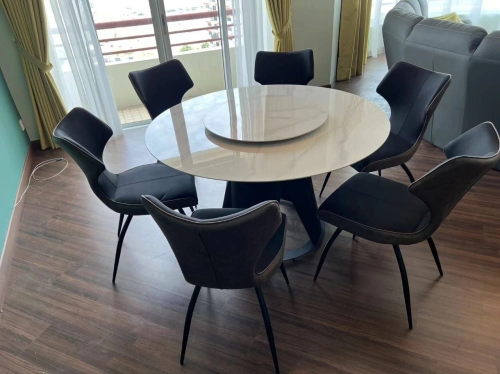 Round Marble Dining Table With Lazy Susan | Modern Leather Dining Chair | 6 Seater Dining Set | Premium Dining Set | Cafe Restaurant Furniture | Dining Room Furniture | Cheras | Ampang | Georgetown | Kulim | Lunas | Ipoh | Seri Kembangan | Penang