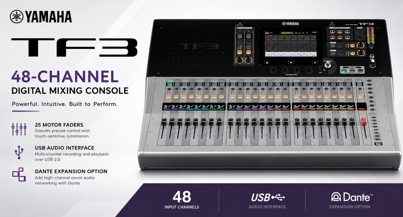 Yamaha TF3 – Konsol Pencampur Digital 48-Saluran dengan 25 Fader Bermotor, USB Audio Interface & Pilihan Kad Dante