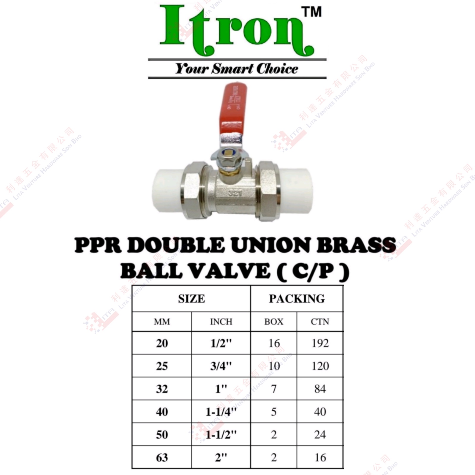 ITRON BRAND PPR DOUBLE UNION BRASS BALL VALVE