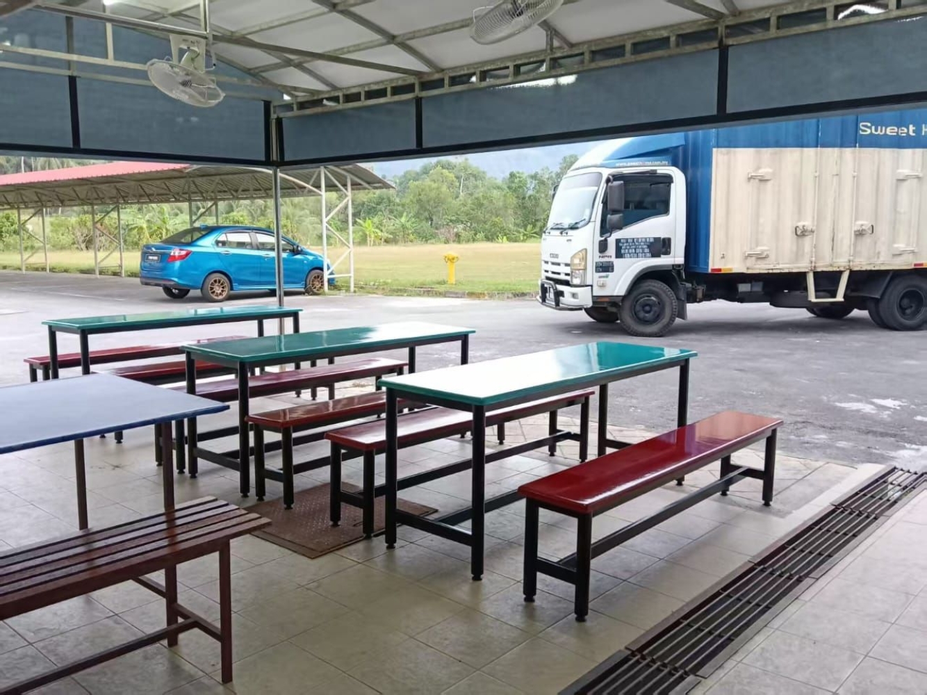 Canteen Table Set Malaysia – 6 Seater Fibreglass Table & Bench | Food Court | School | Factory Canteen Supplier KL Penang