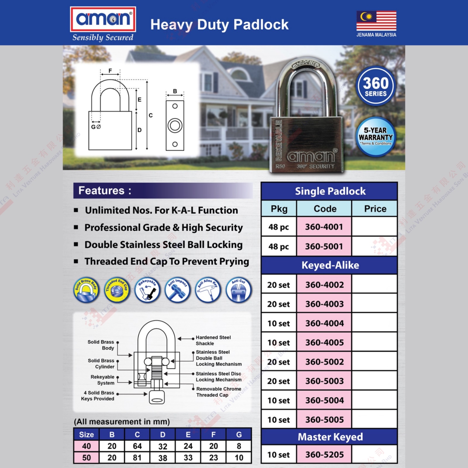 AMAN BRAND PADLOCK - 3604001 3605001 3604002 3604003 3604004 3604005 3605002 3605003 3605004 3605005 3605205