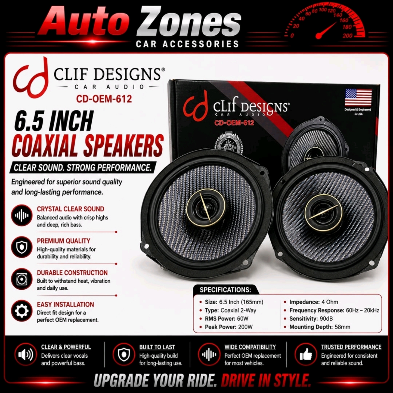Clif Designs CD-OEM-612 Car Audio Speakers Premium Aftermarket Car Speaker Replacement for Enhanced Sound Quality & OEM Upgrade