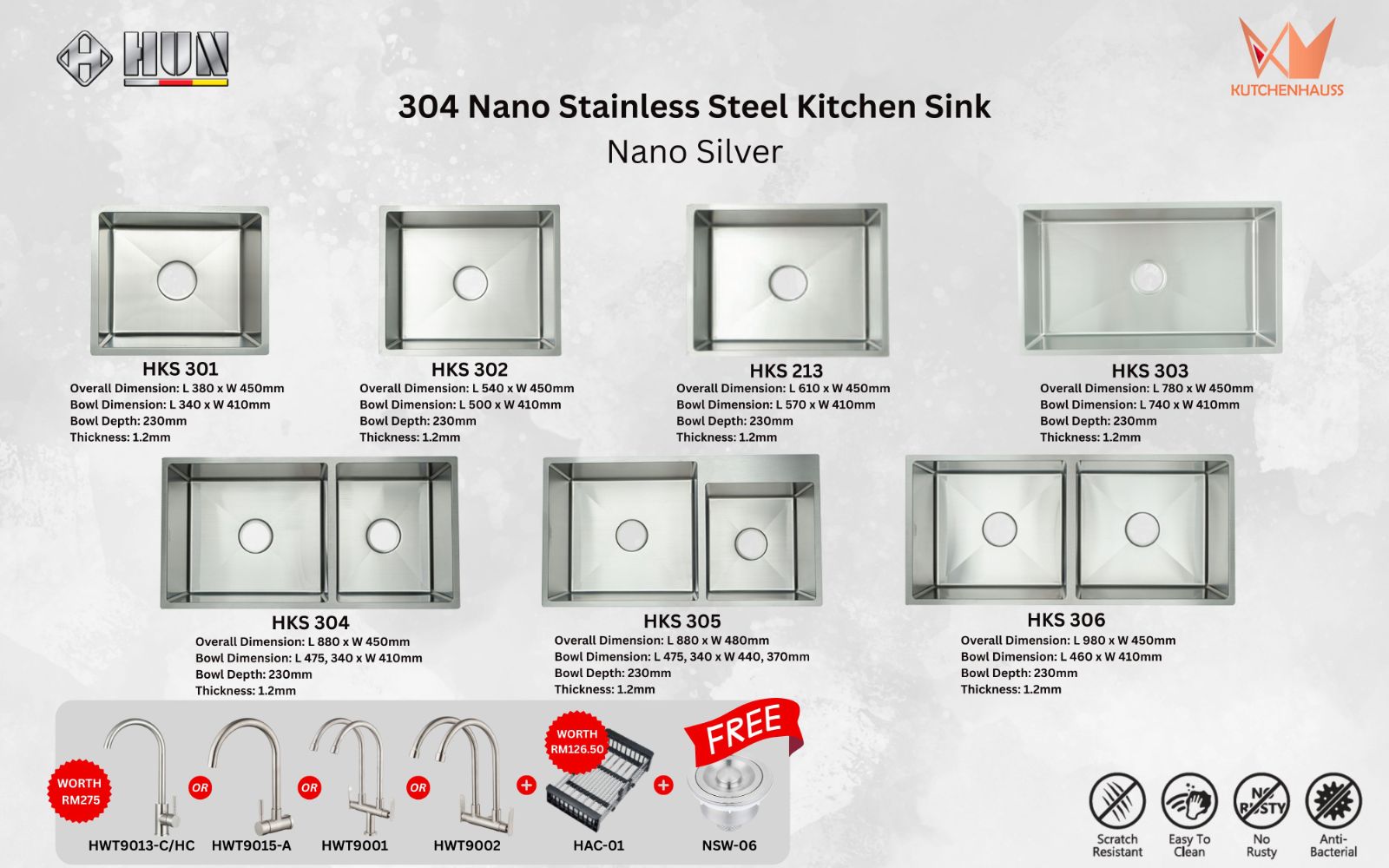 HUN - 304 Nano Stainless Steel Kitchen Sink Package (Nano Silver) | HKS 301, HKS 302, HKS 213, HKS 303, HKS 304, HKS 305, HKS 306