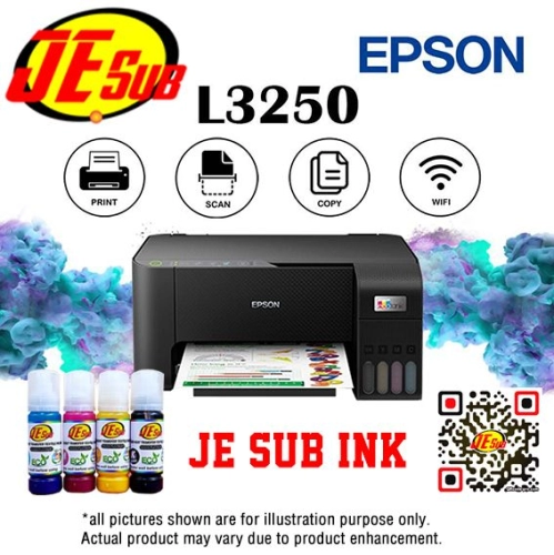 Epson L3250 Wifi Printer with Je Sub Ink - Sticker & Tshirt A4 Printer - Anti UV , Waterproof Ink - Scan, Copy, Print, Wifi Function