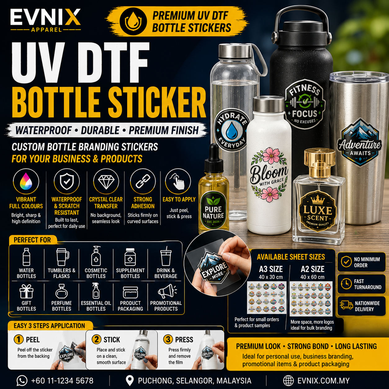UV DTF Bottle Sticker Malaysia | Waterproof Bottle Branding Stickers
