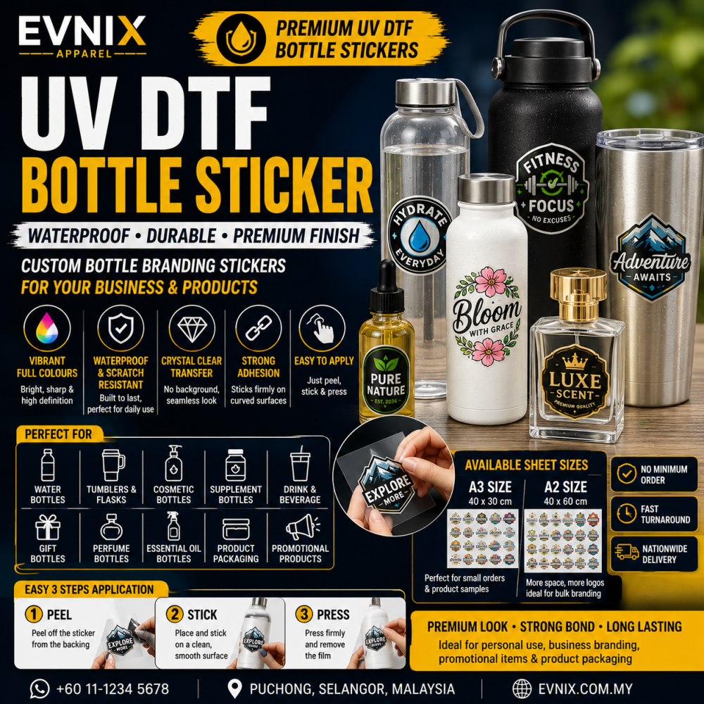 UV DTF Bottle Sticker Malaysia | Waterproof Bottle Branding Stickers