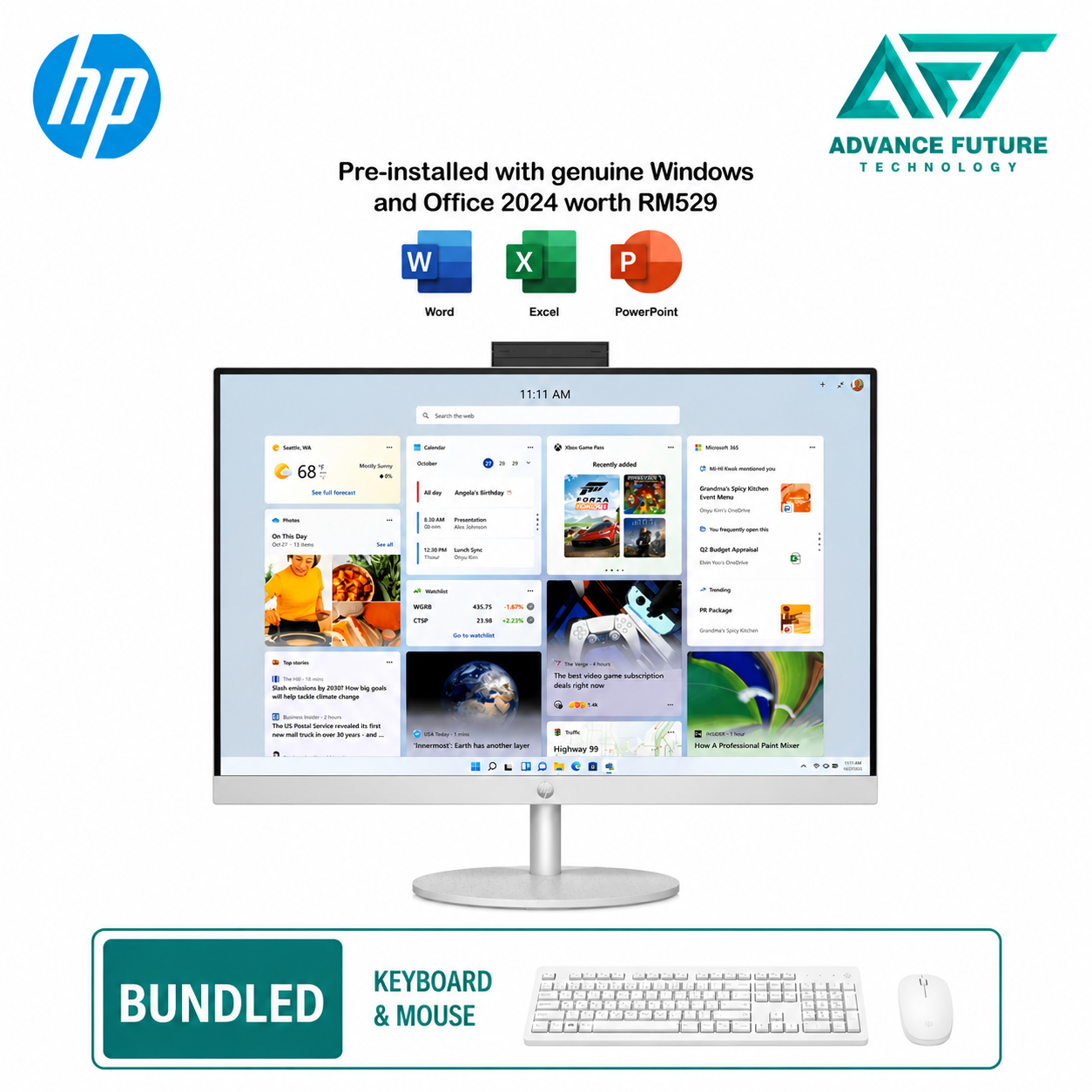 HP 24-cr0261d 23.8" FHD All-in-One Desktop PC Shell White ( AMD Ryzen 7 7730U, 8GB, 512GB SSD, ATI, W11, H&S 2024&M365 )