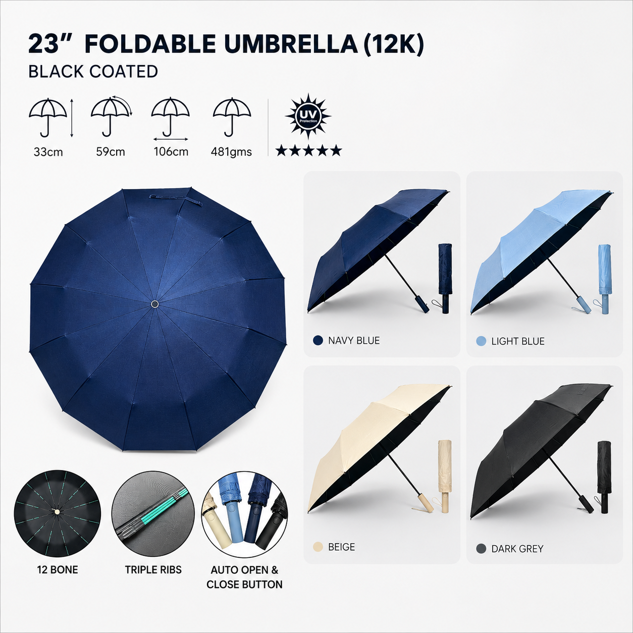 Premium UV Protection Auto Open & Close Folding Umbrella 23in (12K)
