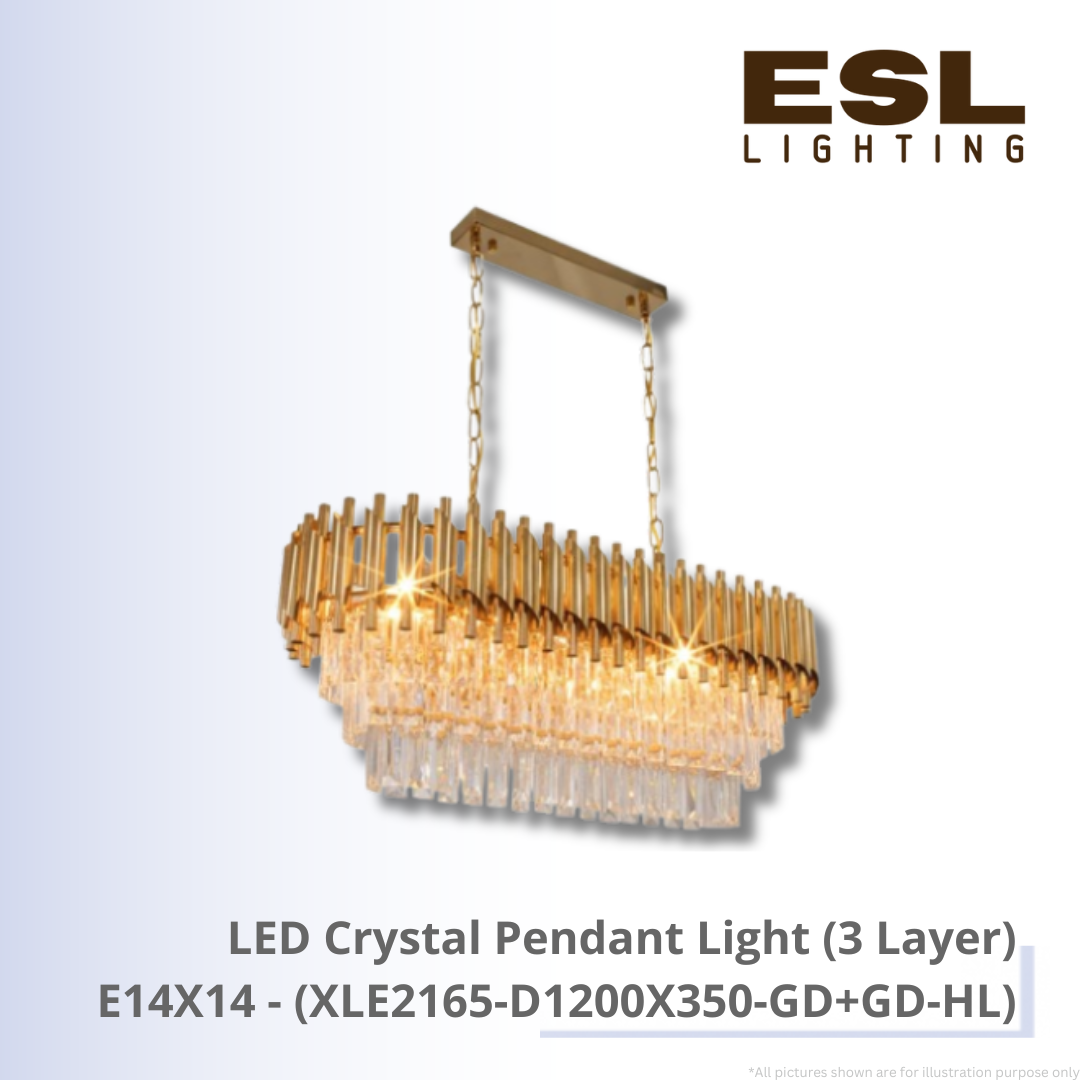 LED Crystal Pendant Light E14X14 (3Layer) - XLE2165-D1200X350-GD+GD-HL