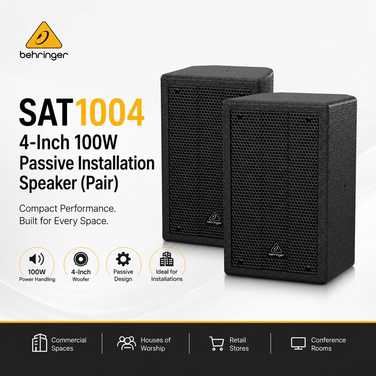 Behringer SAT1004 – Pembesar Suara Pasif 4-Inci 100W (Sepasang) untuk Pemasangan Audio Komersial & Tetap