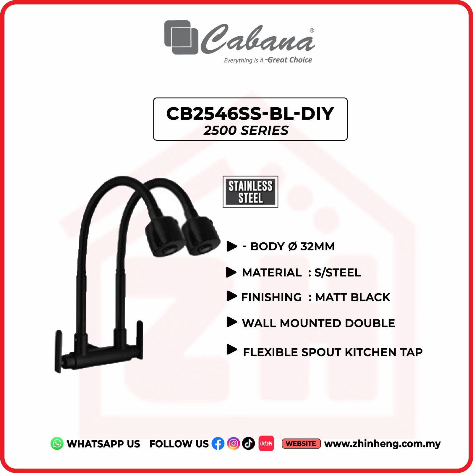 CABANA Wall Mounted Double Flexible Spout Head  CB2546SS-BL-DIY