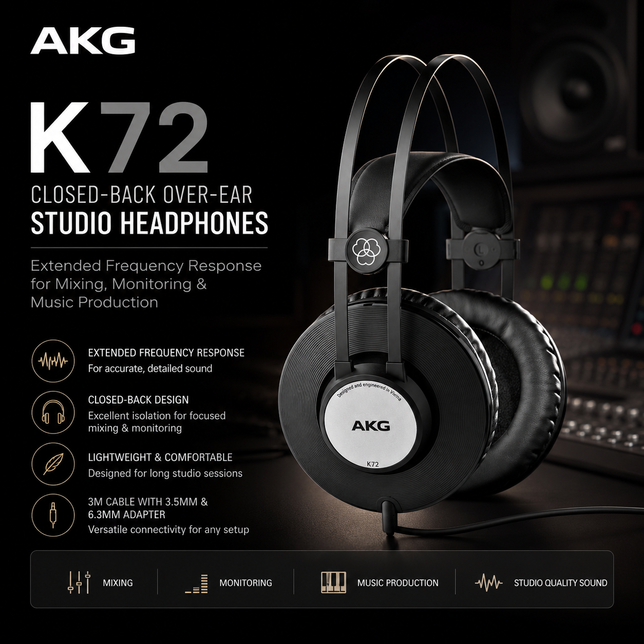AKG K72 鈥 Fon Kepala Studio Over-Ear Tertutup dengan Julat Frekuensi Luas untuk Pencampuran, Pemantauan & Penghasilan Muzik