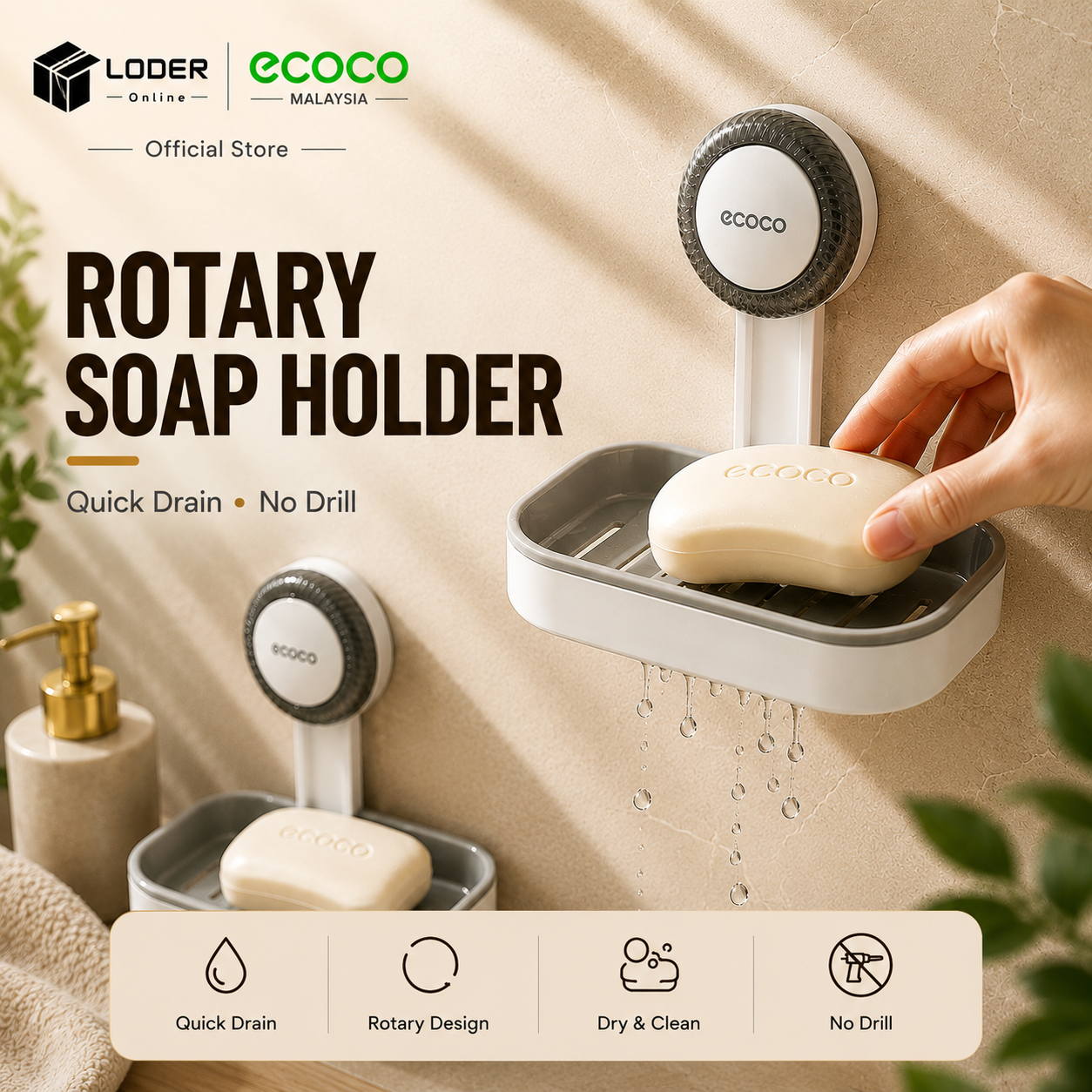 LODER ECOCO Rotary Suction Cup Soap Box Wall Mounted Antibacterial Drain Tray Double Layer Holder No Drill Bathroom Rack