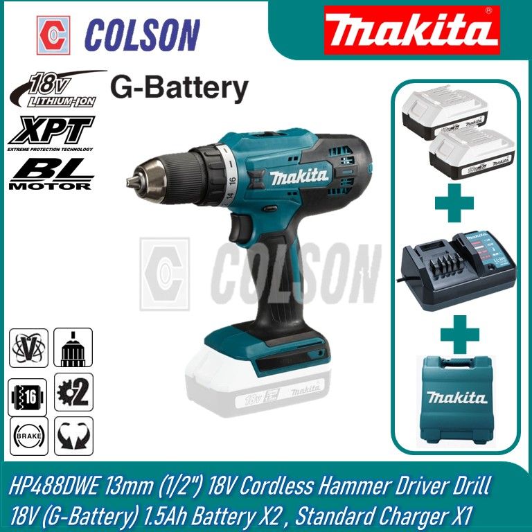 MAKITA HP488DWE 13 mm (1/2") 18V (G-Battery) Cordless Hammer Driver Drill