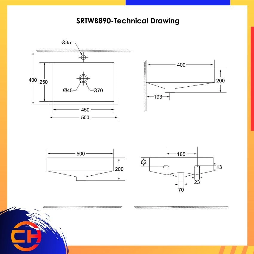 SORENTO WALL HUNG BASINS SRTWB890-BL ( L500xW400xH200mm )