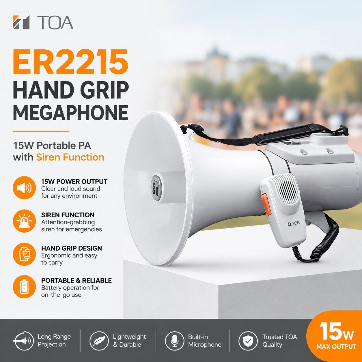 TOA ER2215 Hand Grip Megaphone – 15W Portable PA with Siren Function