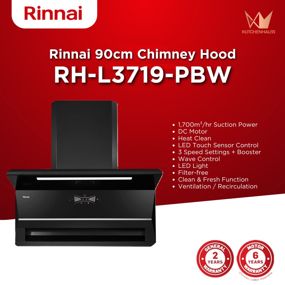 RINNAI - 90cm L Shaped Cooker Hood | RH-L3719-PBW
