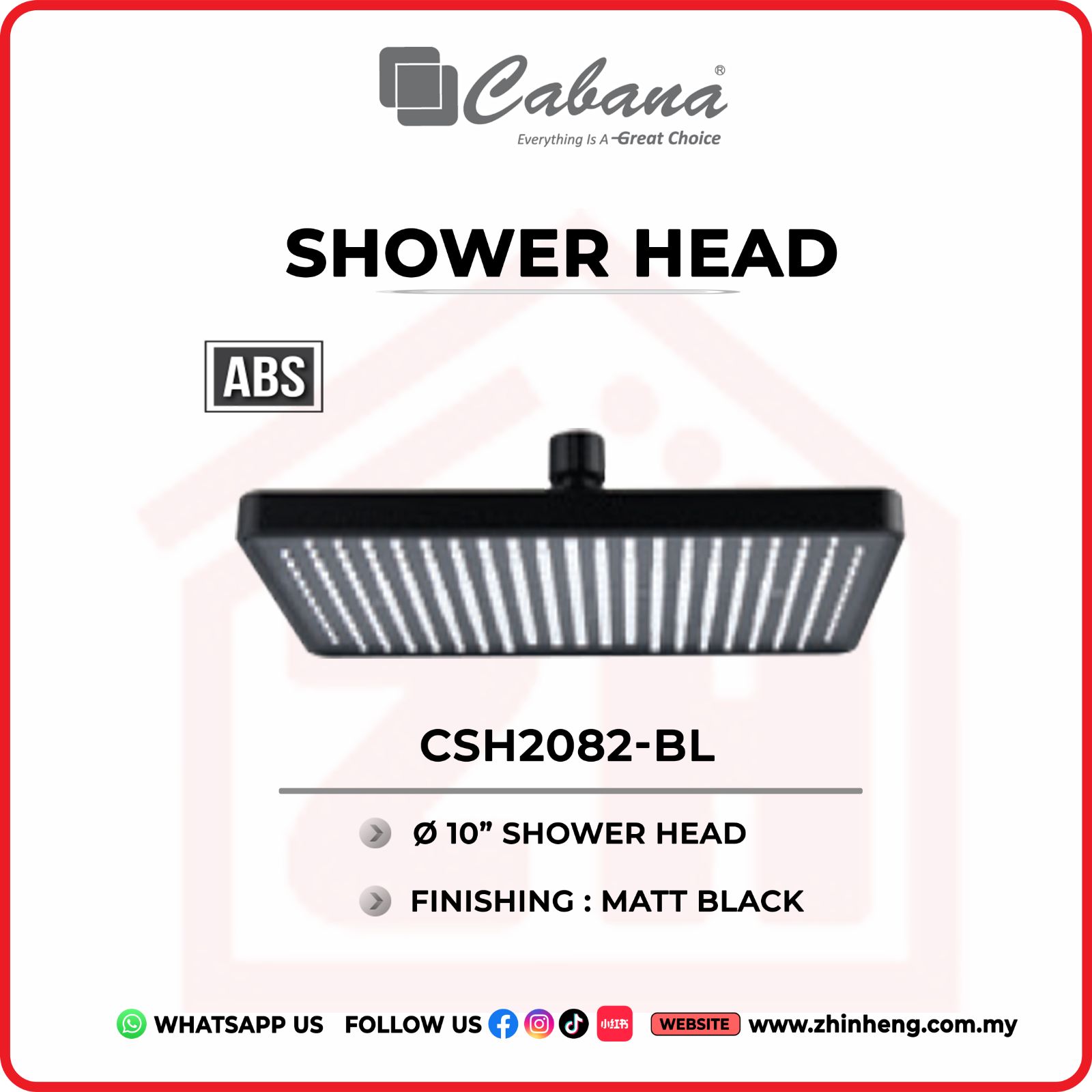 CABANA 10” SQUARE SHOWER HEAD  CSH2082-BL