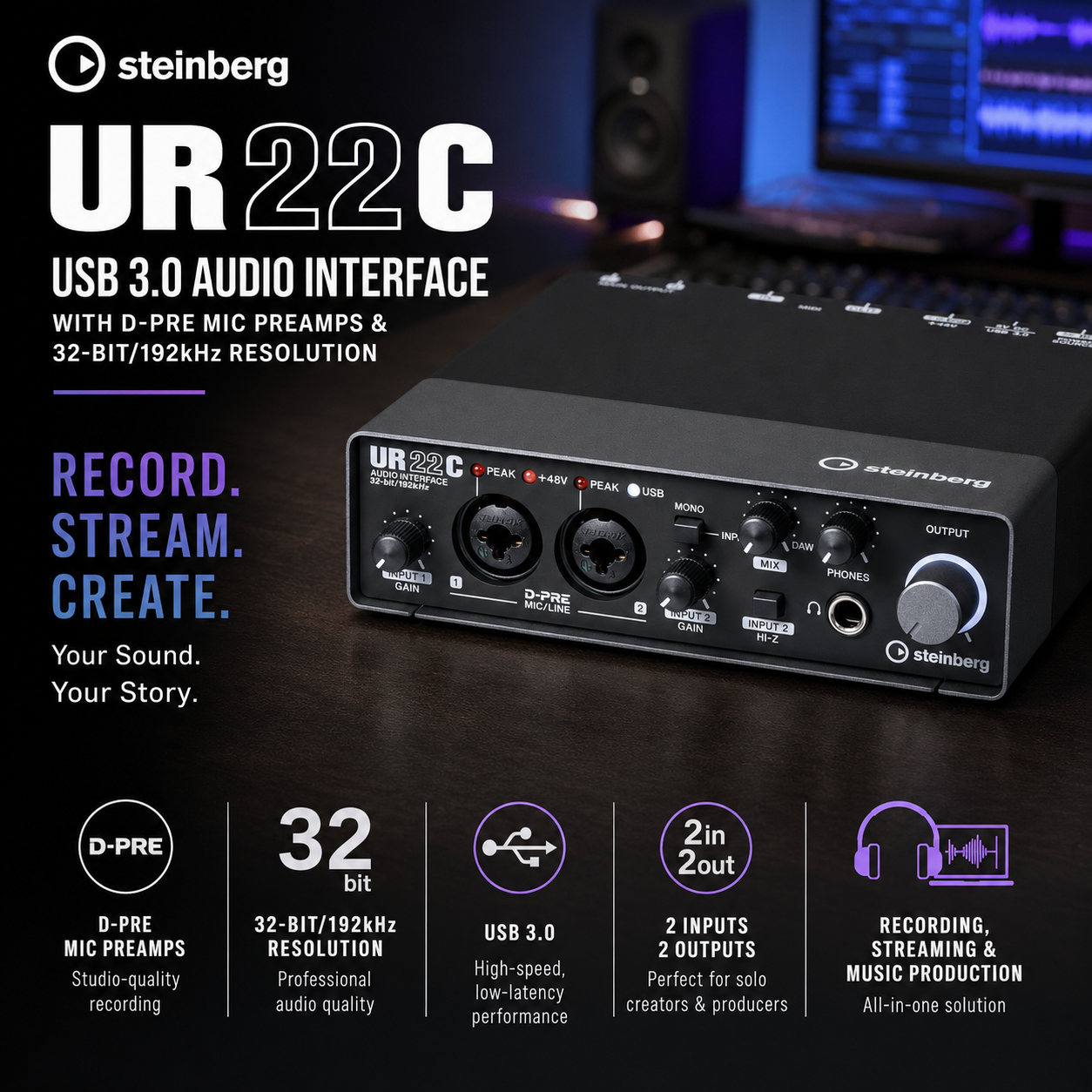 Steinberg UR22C – Antara Muka Audio USB 3.0 dengan Preamp D-PRE dan Resolusi 32-bit/192kHz untuk Rakaman, Penstriman dan Penghasilan Muzik