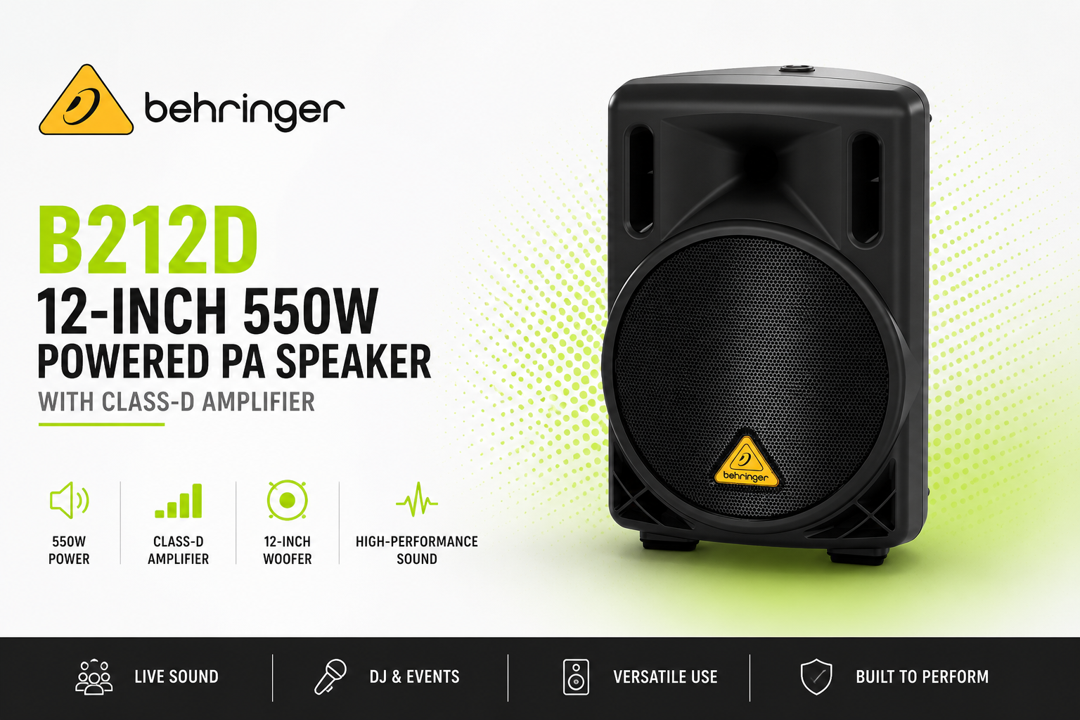 Behringer B212D – 12-Inch 550W Powered PA Speaker with Class-D Amplifier