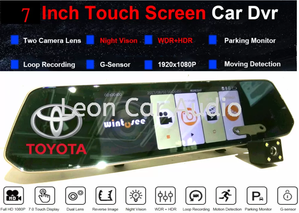 Toyota 7" FHD Touch Screen Rear View Mirror Dual Lens DVR Camera