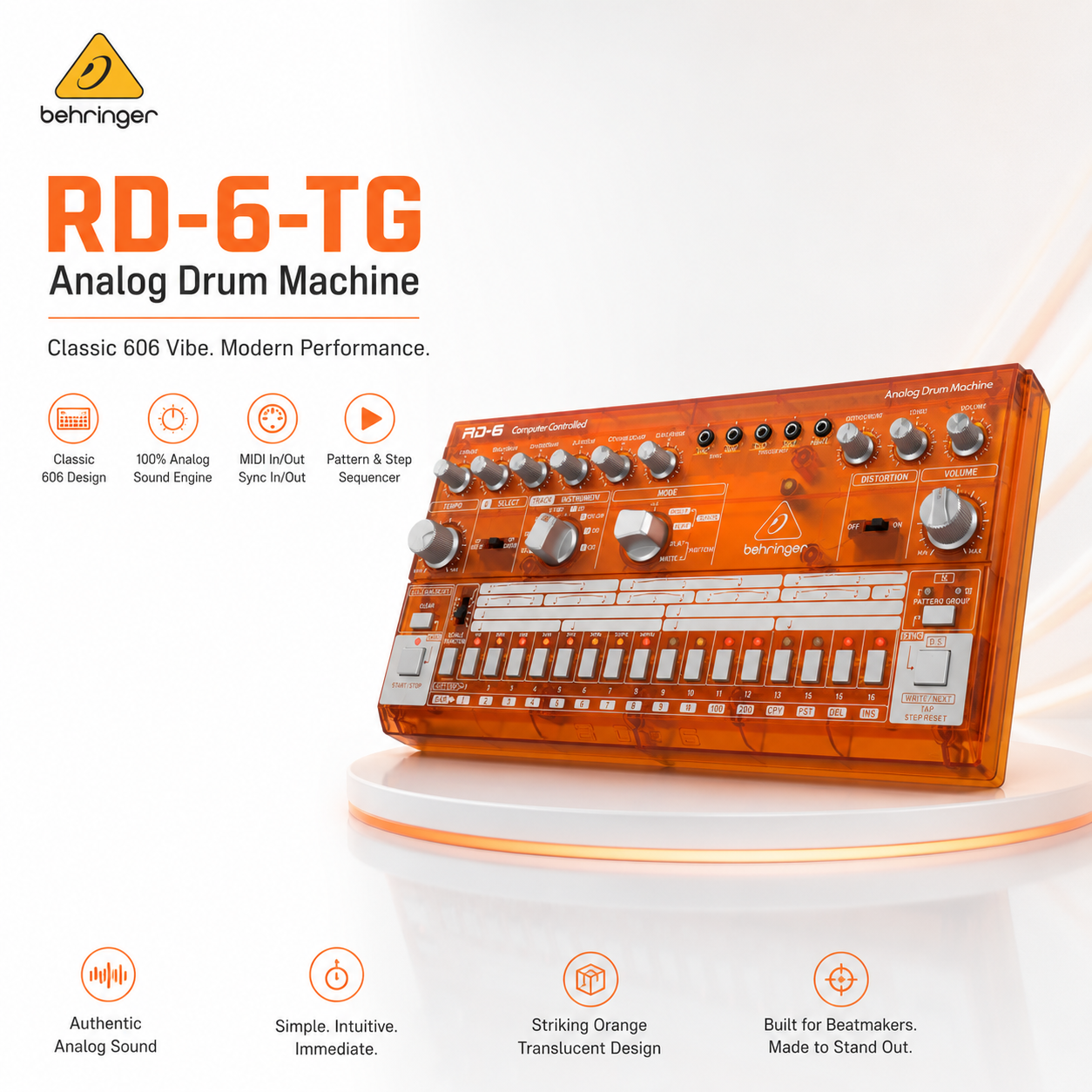 Behringer RD-6-TG Analog Drum Machine Orange Translucent | 8-Voice Analog Drum Machine with 16-Step Sequencer, USB & MIDI