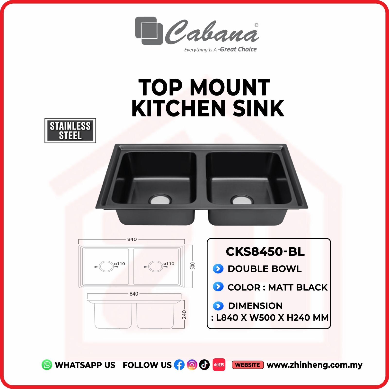 CABANA TOP MOUNT KITCHEN SINK DOUBLE BOWL CKS8450-BL