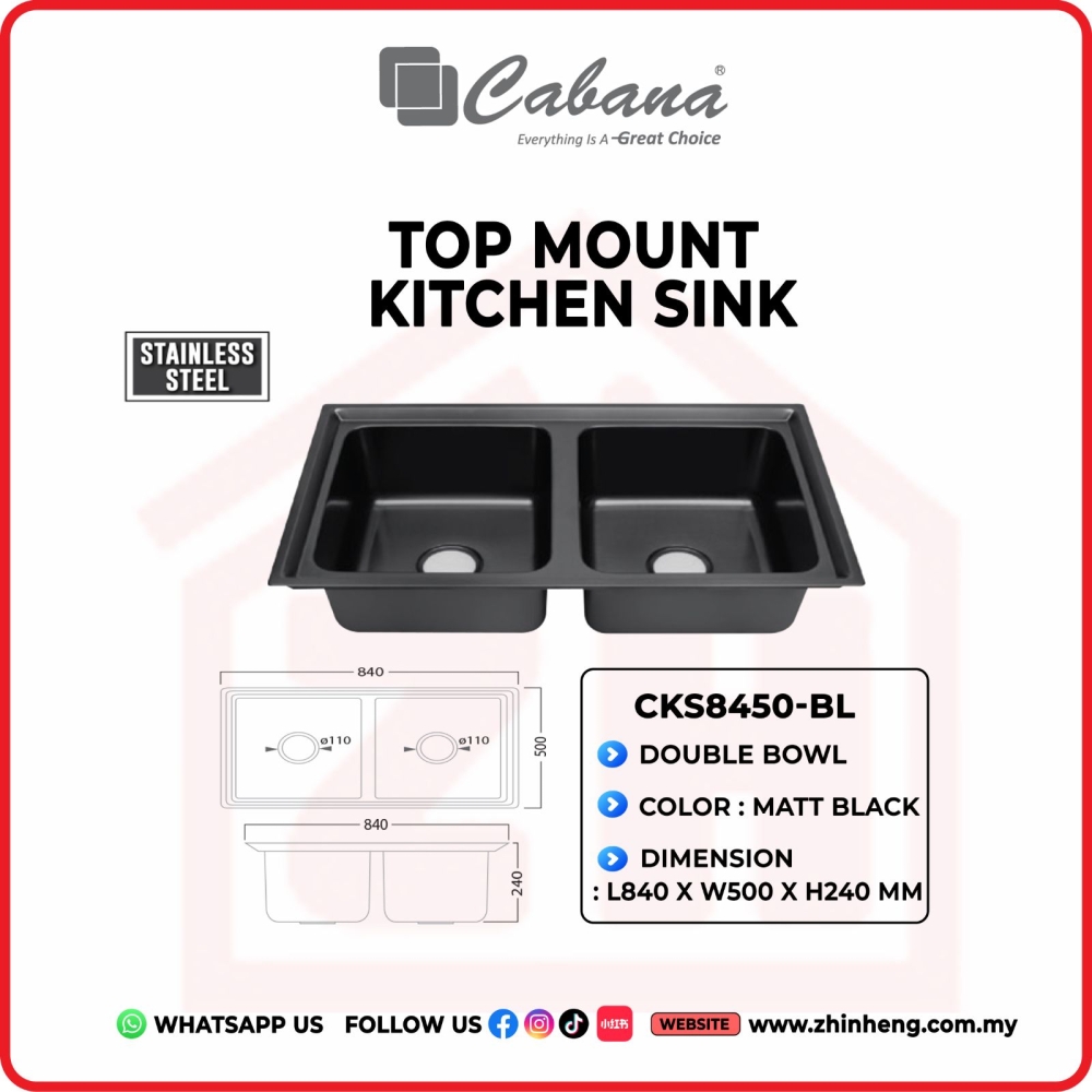 CABANA TOP MOUNT KITCHEN SINK DOUBLE BOWL CKS8450-BL