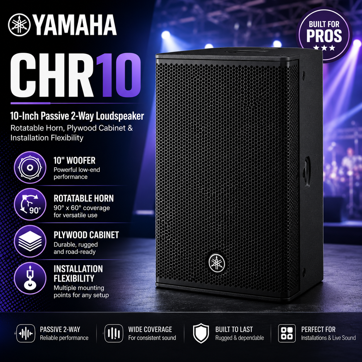 Yamaha CHR10 – Pembesar Suara Pasif 2-Hala 10-Inci dengan Horn Boleh Putar, Kabinet Papan Lapis & Fleksibiliti Pemasangan