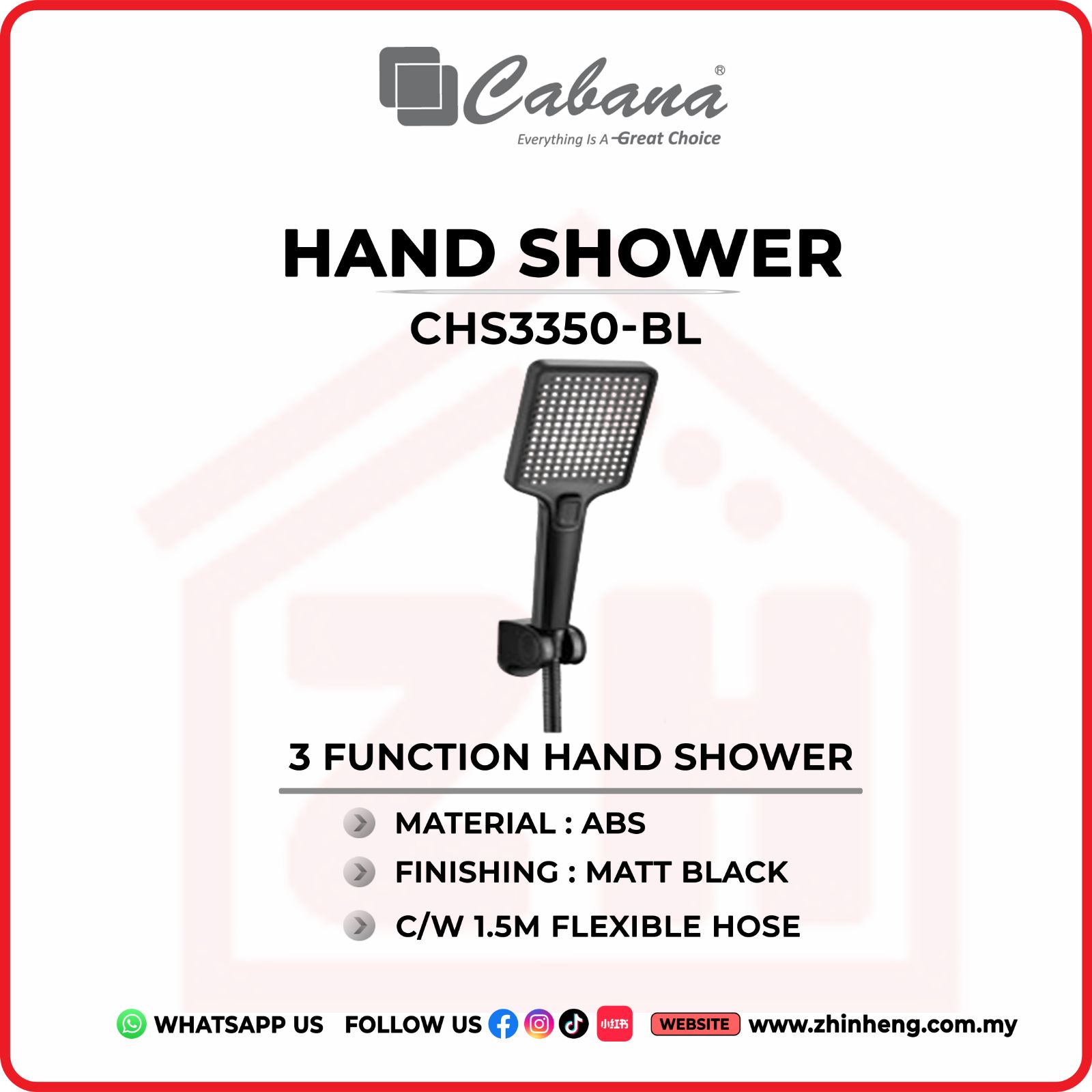 CABANA 3 FUNCTION HAND SHOWER C/W 1.5M FLEXIBLE HOSE  CHS3350-BL