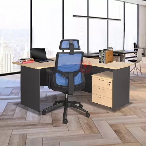 Maple & Dark Grey L Shape Table c/w Mobile 3D | Office Table with Drawer | Meja L Shape sekali Laci berkunci 3D