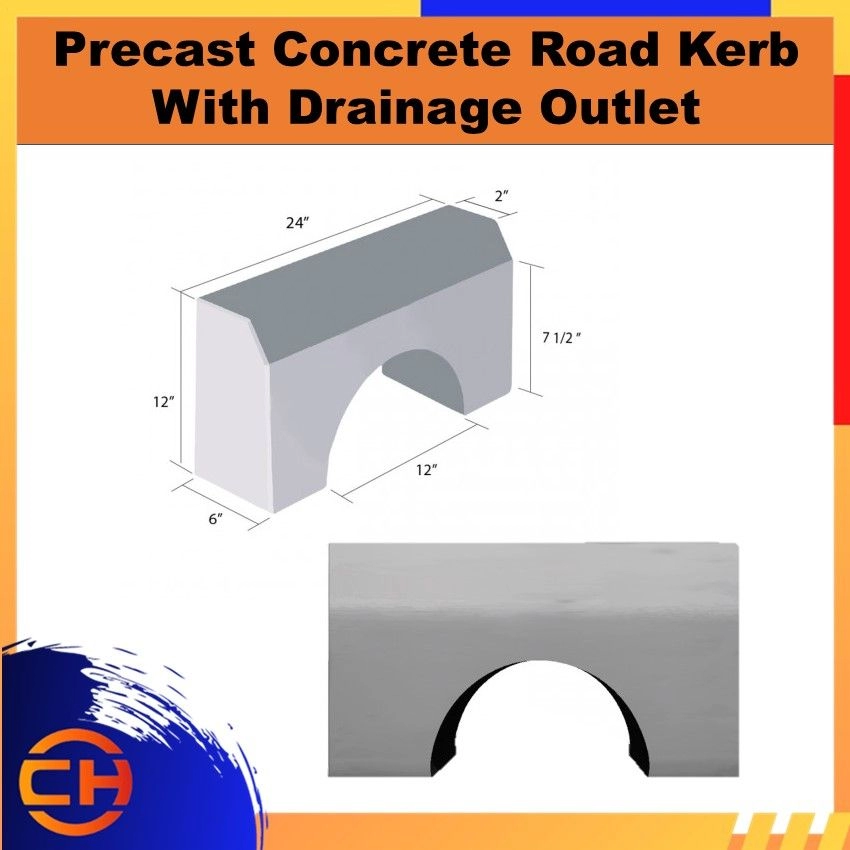 Precast Concrete Road Kerb With Drainage Outlet 24'' (L) x 6'' (W) x 12'' (H)