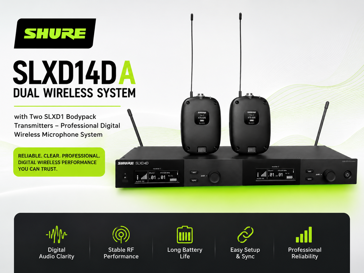 Shure SLXD14D Dual Wireless System with Two SLXD1 Bodypack Transmitters – Professional Digital Wireless Microphone System