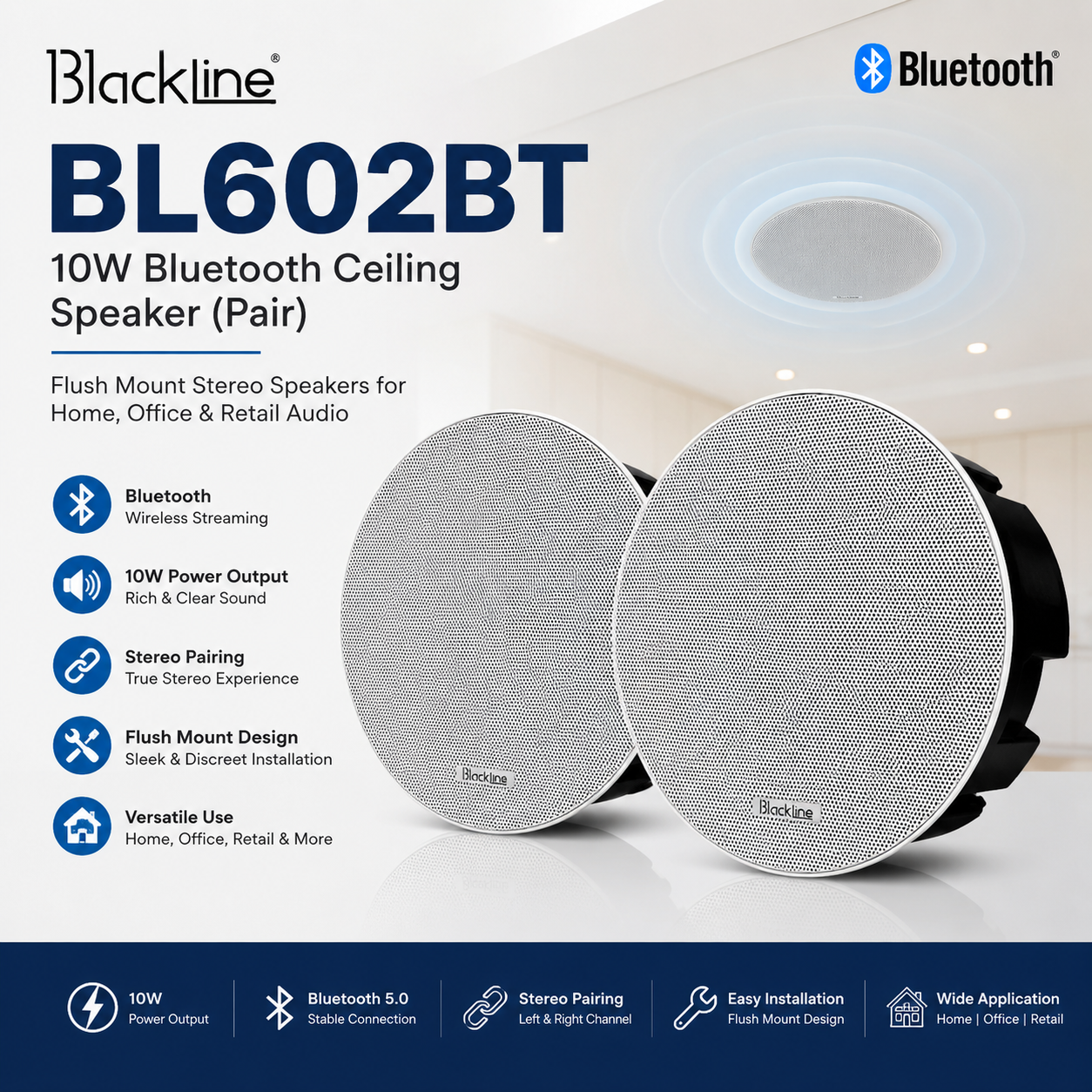 Blackline BL602BT Pembesar Suara Siling Bluetooth 10W (Sepasang) – Speaker Rata Tanpa Wayar untuk Rumah, Pejabat & Kedai
