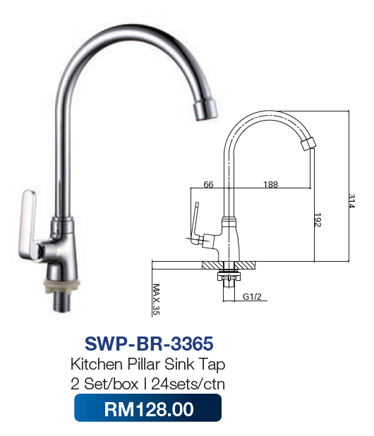 Saniware Kitchen Wall Sink Tap 3365