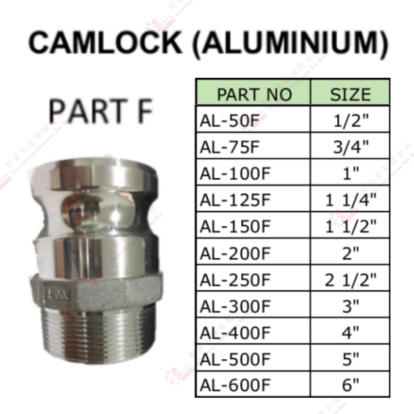 CAMLOCK ALUMINIUM - AL50F AL75F AL100F AL125F AL150F AL200F AL250F AL300F AL400F AL500F AL600F