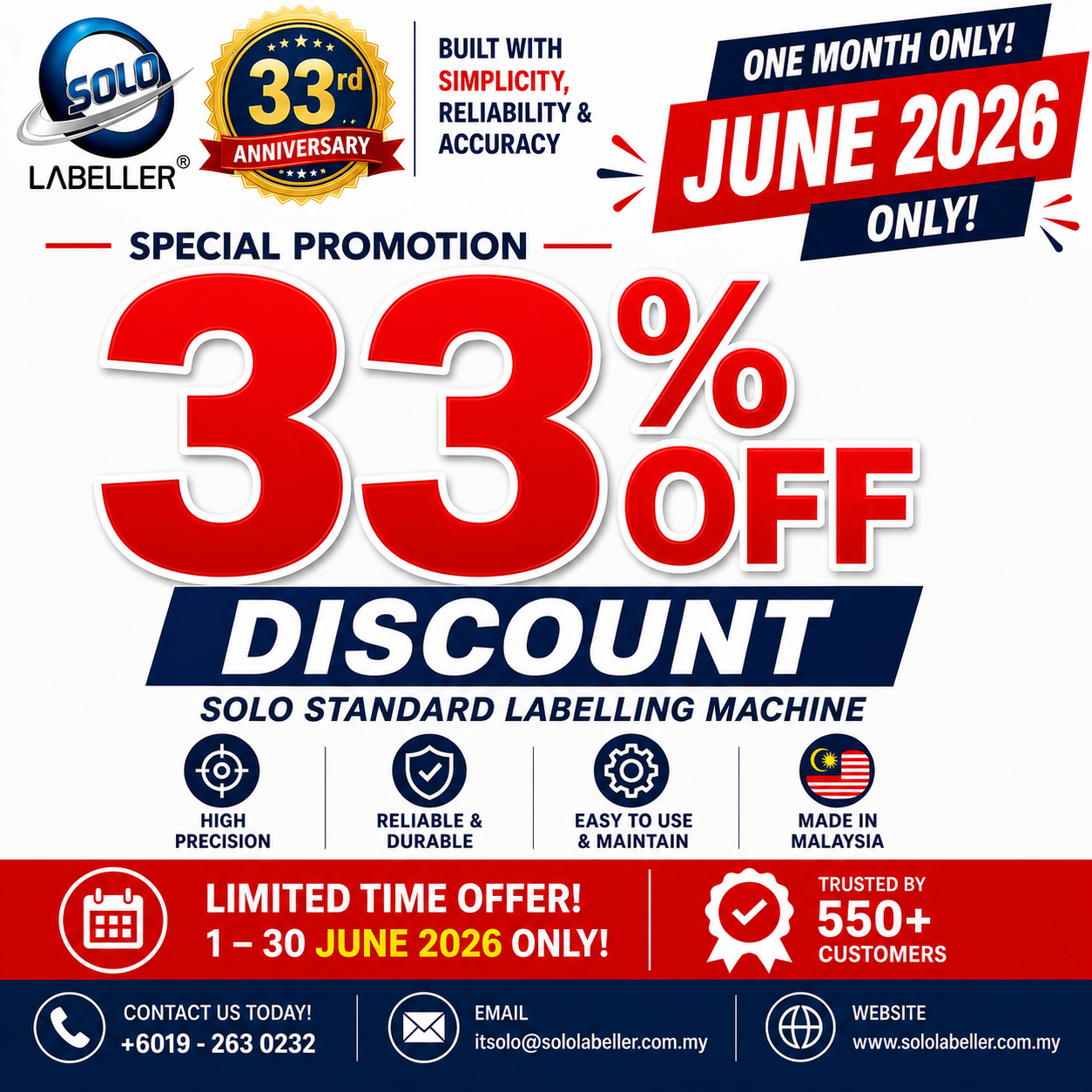 🔥 33% OFF LABELLING MACHINE PROMOTION 🔥 To cerebrate our solo 33th Annivesary promotion offer 33% discount for selected model labelling machine