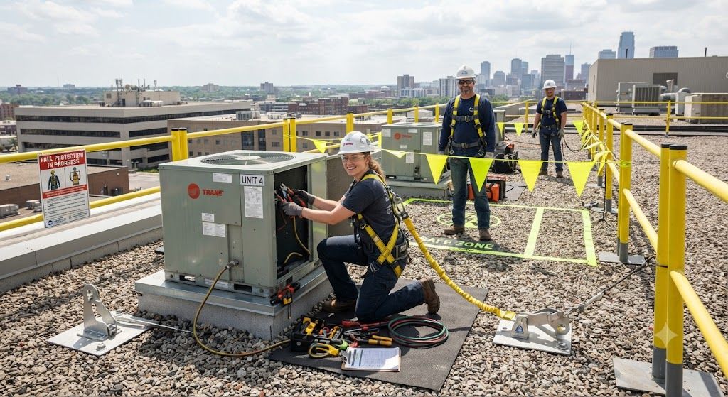 HVAC rooftop work fall prevention methods