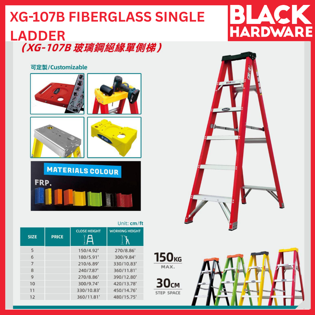 Black Hardware TONGDA XG-107B Fiberglass Single Side Ladder | Industrial Non-Conductive Step Ladder