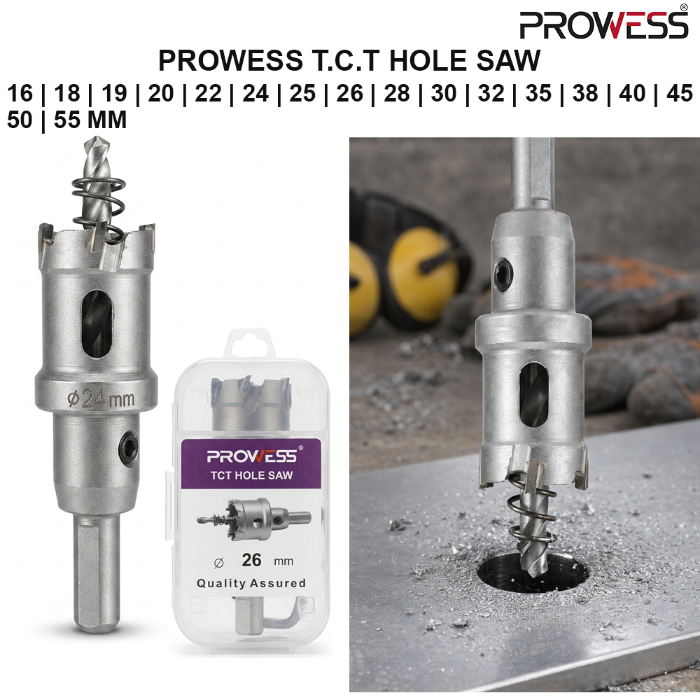 PROWESS T.C.T HOLE SAW | TUNGSTEN CARBIDE TIPPED HOLE SAW | PROFESSIONAL METAL CUTTING TOOL 16 | 18 | 19 | 20 | 22 | 24 | 25 | 26 | 28 | 30 | 32 | 35 | 38 | 40 | 45 | 50 | 55 MM ( PW40-4116 | PW40-4118 | PW40-4120 | PW40-4122 | PW40-4124 | PW40-4125 | PW40-4126 | PW40-4128 | PW40-4130 | PW40-4132 | PW40-4135 | PW40-4138 | PW40-4140 | PW40-4145 | PW40-4150 | PW40-4155 )