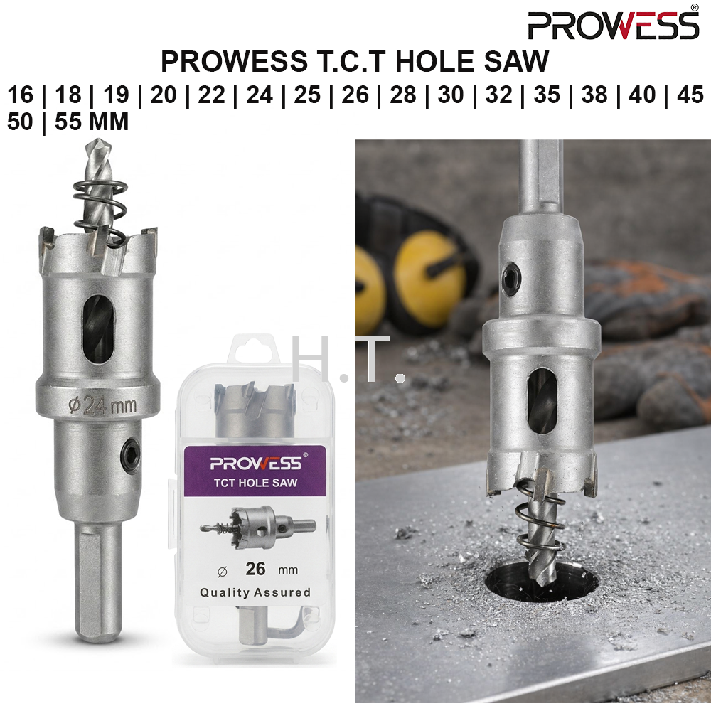 PROWESS T.C.T HOLE SAW | TUNGSTEN CARBIDE TIPPED HOLE SAW | PROFESSIONAL METAL CUTTING TOOL 16 | 18 | 19 | 20 | 22 | 24 | 25 | 26 | 28 | 30 | 32 | 35 | 38 | 40 | 45 | 50 | 55 MM ( PW40-4116 | PW40-4118 | PW40-4120 | PW40-4122 | PW40-4124 | PW40-4125 | PW40-4126 | PW40-4128 | PW40-4130 | PW40-4132 | PW40-4135 | PW40-4138 | PW40-4140 | PW40-4145 | PW40-4150 | PW40-4155 )