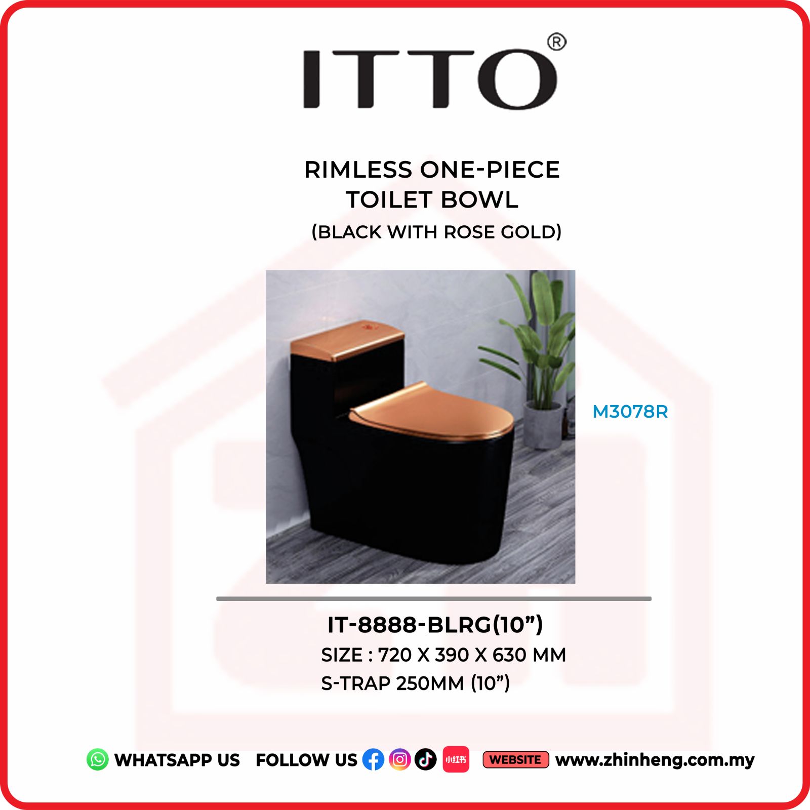 ITTO RIMLESS ONE PIECE TOILET BOWL  IT-8888-BLRG(10")