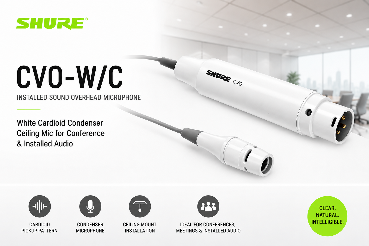 Shure CVO-W/C Mikrofon Siling Dipasang Tetap – Mikrofon Kondensor Kardioid Putih untuk Persidangan & Audio Tetap