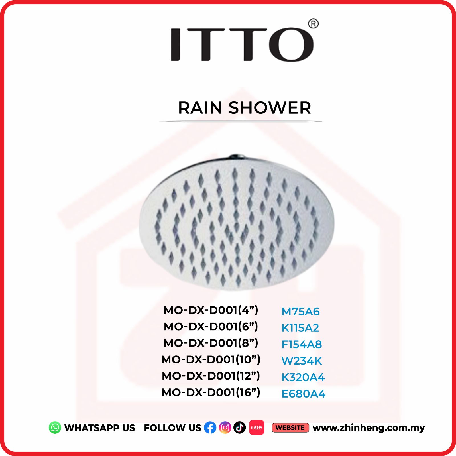 ITTO RAIN SHOWER MO-DX-D001(4")+MO-DX-D001(6")+MO-DX-D001(8")+MO-DX-D001(10")+MO-DX-D001(12")+MO-DX-D001(16")