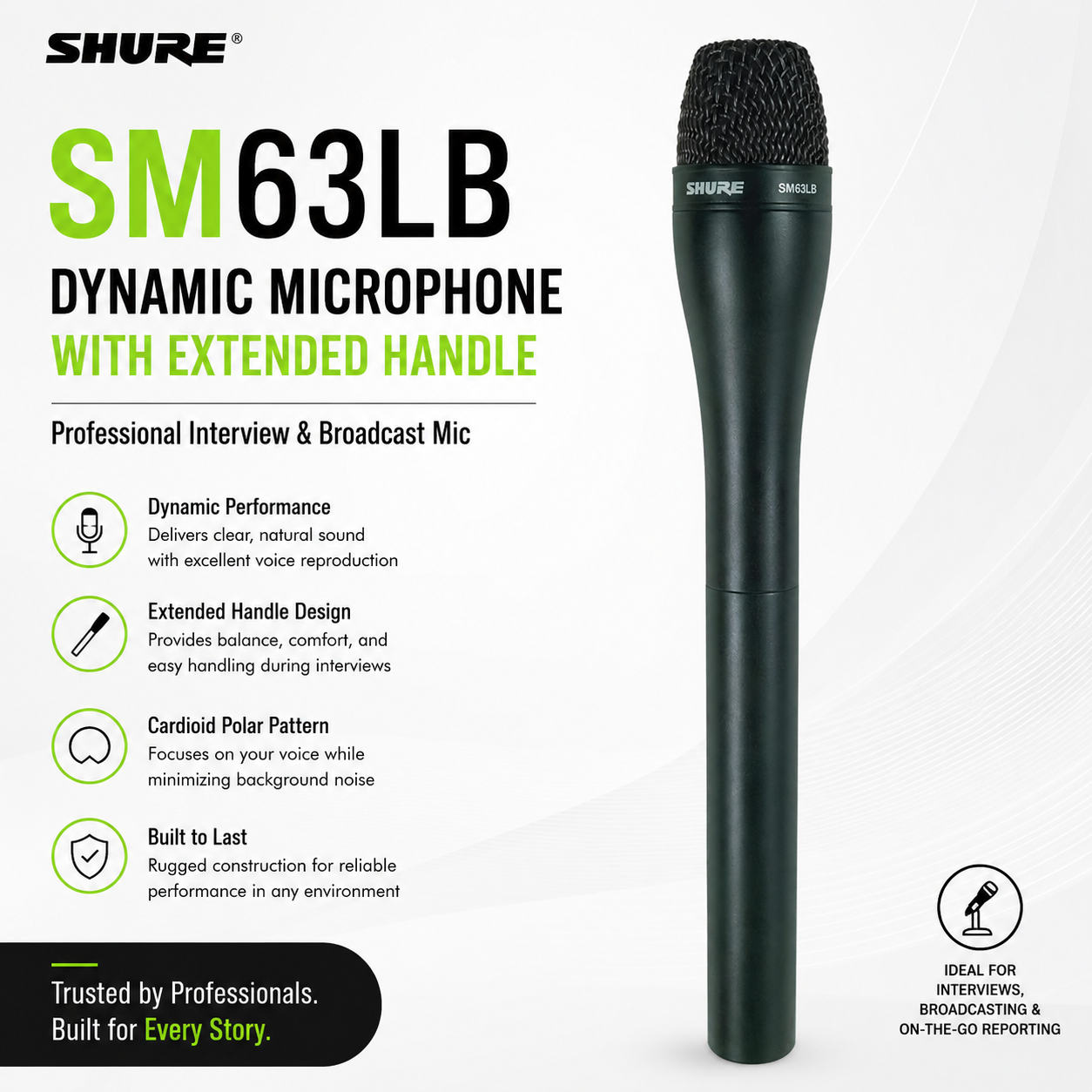Shure SM63LB Mikrofon Dinamik dengan Pemegang Panjang – Hitam | Mikrofon Profesional untuk Temu Bual & Siaran